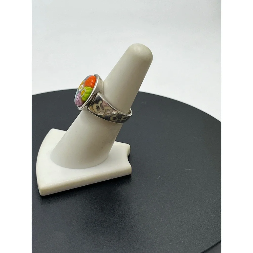 Alan K. European Design Sterling Silver Miliffiori Murano Glass Floral ring USA
